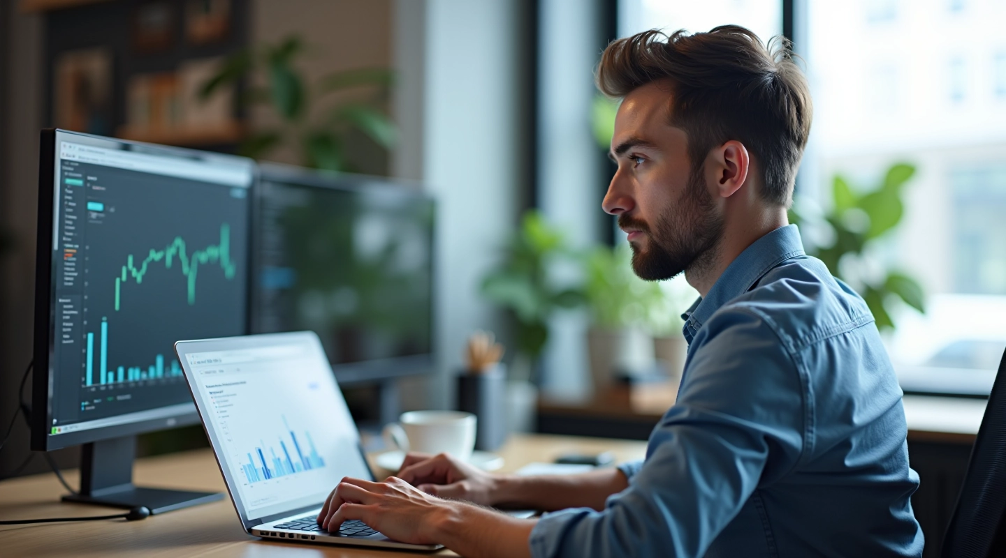Developer analyzing performance metrics on a laptop screen with charts visible