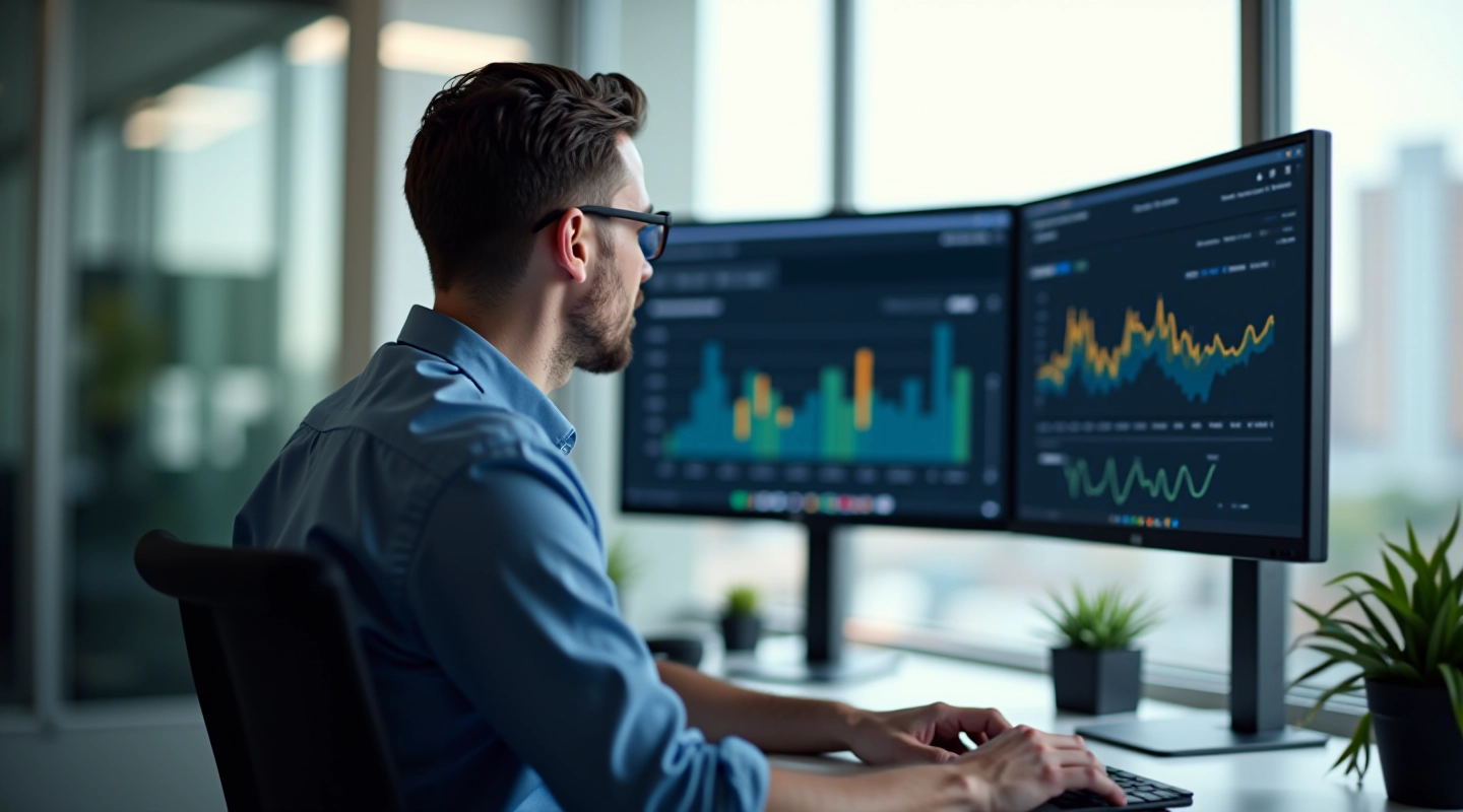 Developer workspace with performance analytics on screen